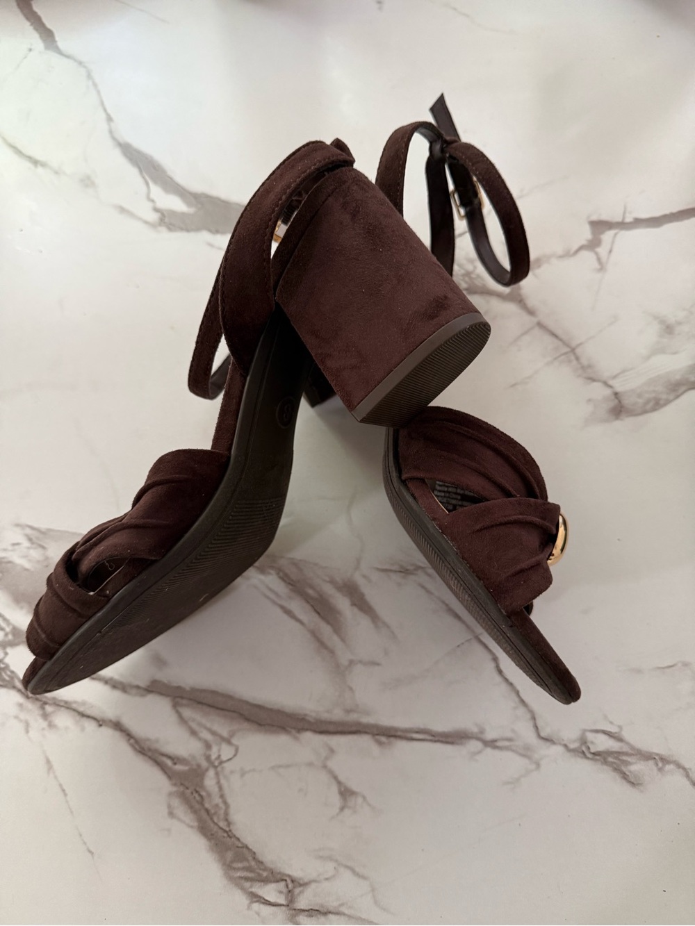& Other Stories Dark Brown Suede Block Heel Sandals with Ankle Strap